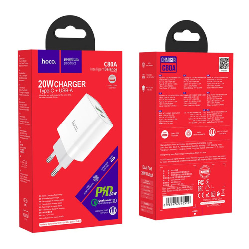 Сзу hoco c80a (usb/20w/pd/3a) белый